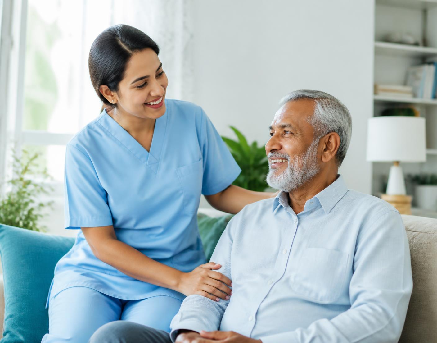 Nurse caring for an elderly patient at home in Bangladesh