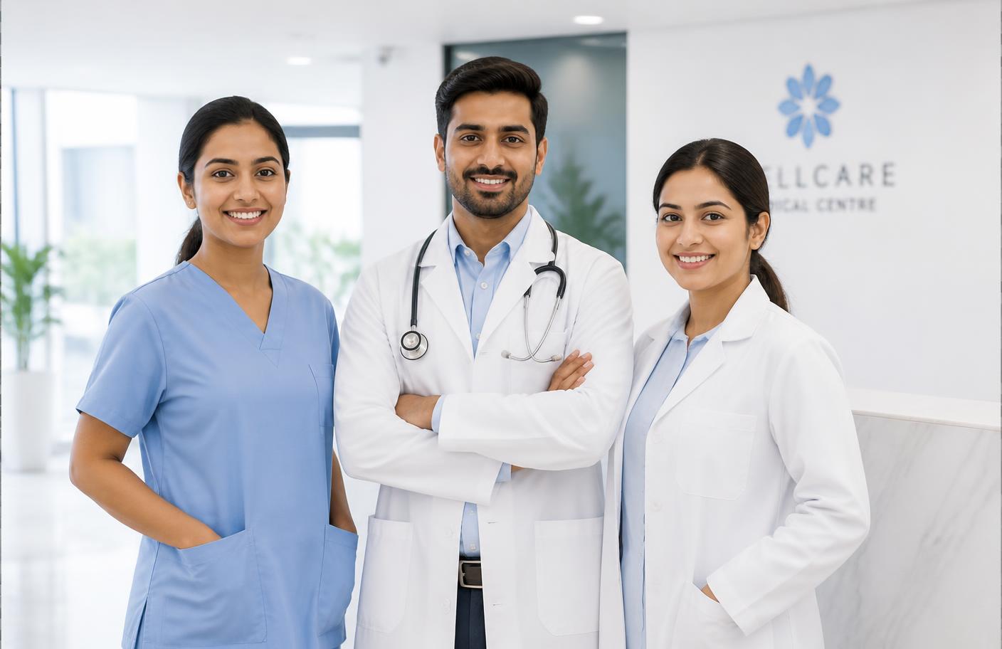 ShebaCare doctors and nurses standing together in a bright clinic lobby